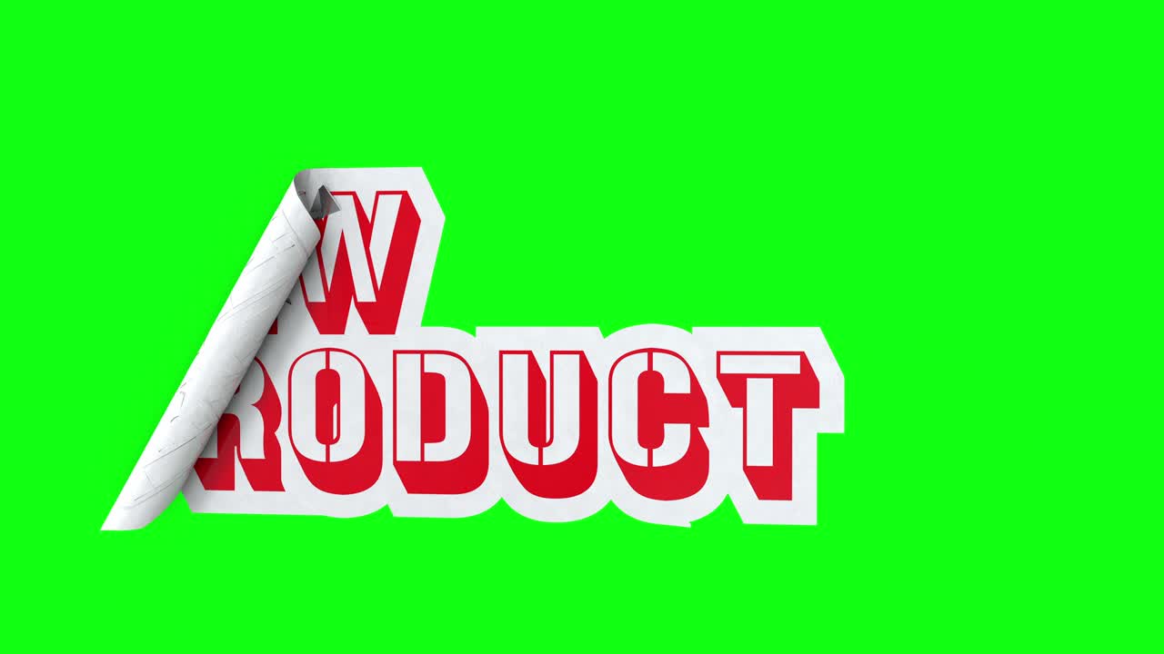 New product text adhesive sticker label unrolling on green screen. Advertisement sign animation 3d
