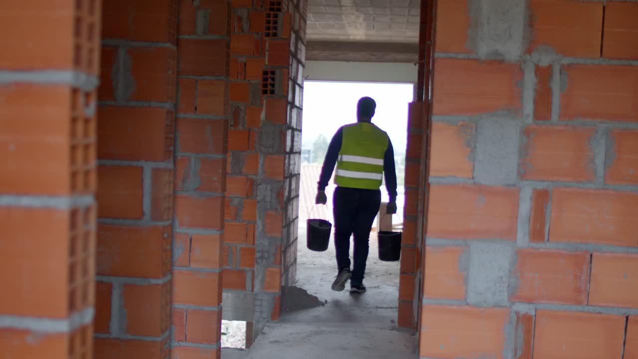 imágenes en cámara lenta de 4k de un trabajador llevando dos cubos por las escaleras al primer piso, con un piso gris inacabado y paredes de ladrillo naranja en un sitio de construcción.