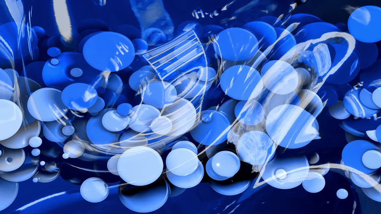 아름다운 추상적인 반이는 표면의 은 은 배경은 파란색 액체와 같은 파란색 물결과 함께 원은 기름에 페인트의 물방울처럼 떠 있습니다. 4k에서 파란색 색 gradient를 가진 창의적인 배경.