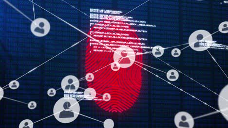 animation of network of connections with icons over data processing and fingerprint