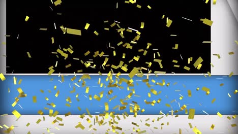Animation-of-blue-and-white-panels-opening-and-gold-confetti-falling-on-black-background