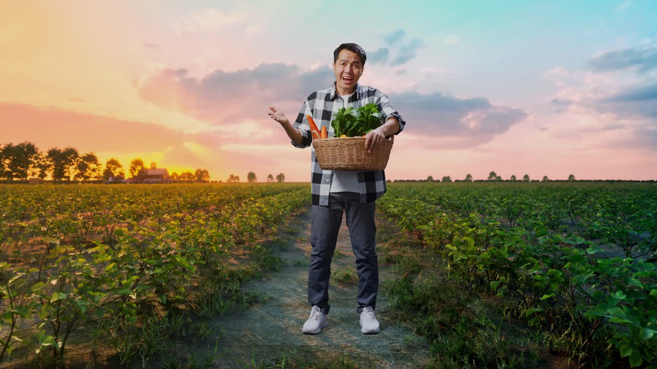 채소 바구니를 가진 아시아 남성 농부의 몸이 가득 차 있으며, 혼란스러운 몸짓을 보여주고 에서 무엇을 말하고 있습니다.