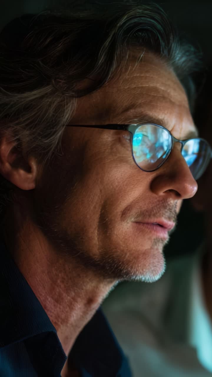 A contemplative man with glasses focuses intently, revealing reflections in his lenses, emphasizing determination and deep thought in an intimate setting