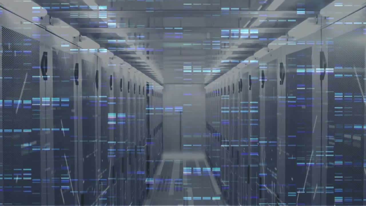 Animation of blue mosaic squares and light trails against computer server room