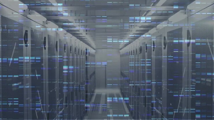 Animation of blue mosaic squares and light trails against computer server room