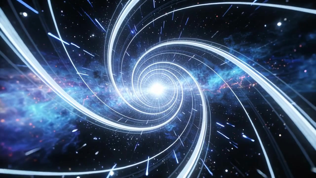 Telecamera animata che si precipita attraverso un vortice a spirale verso una luce centrale bianca, simulando un viaggio attraverso un wormhole.