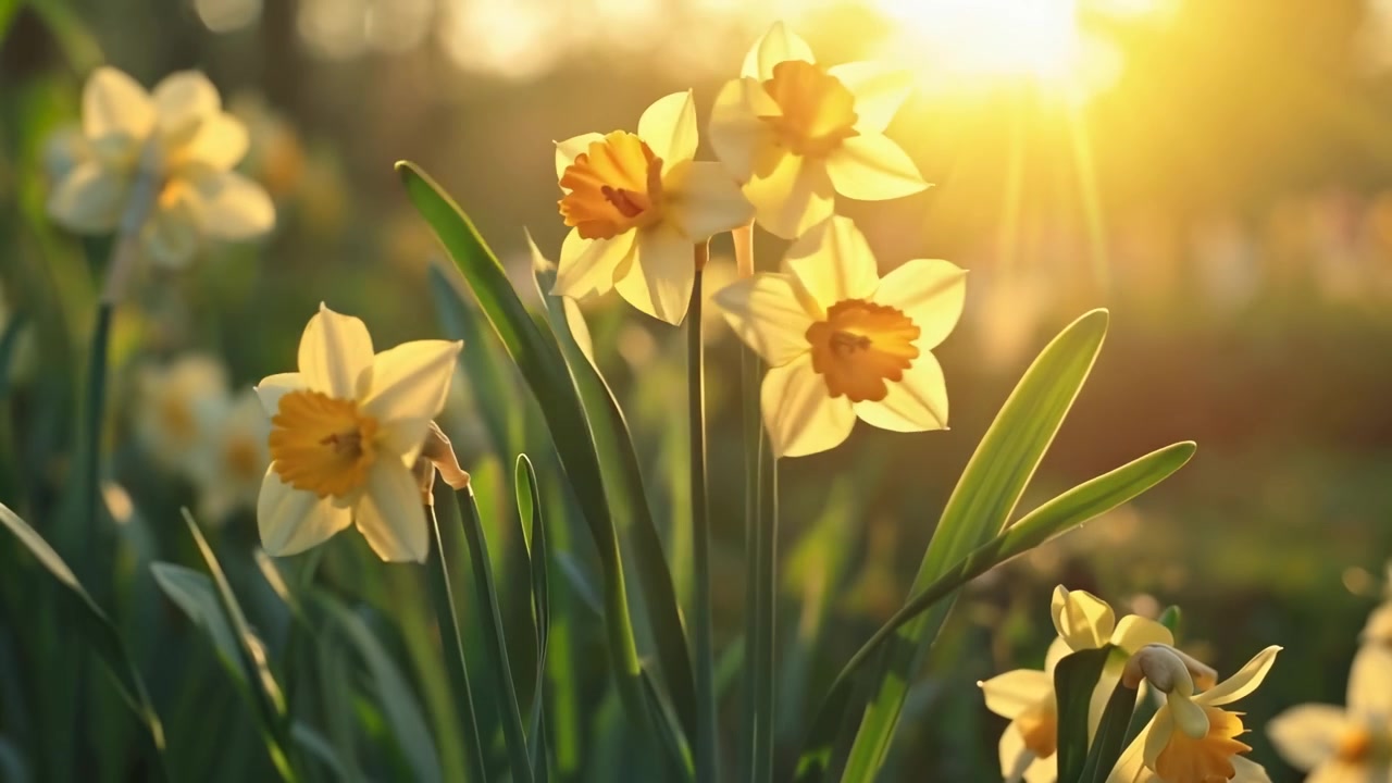 Yellow Daffodils Blooming in a Garden at Sunset