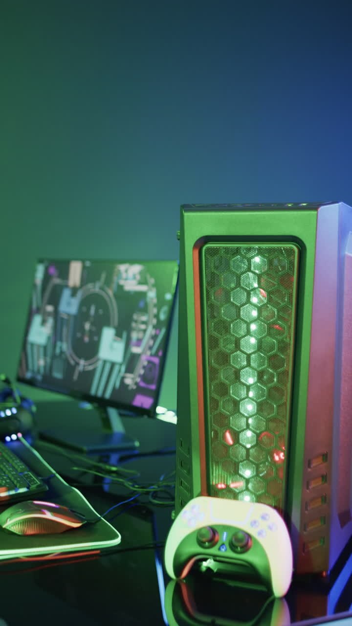 Video verticale di attrezzatura da gaming per computer su sfondo neon verde