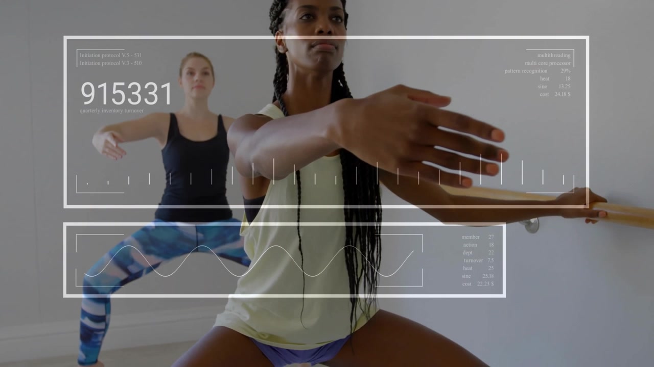 Front woman and partner holding plié at gym barre overlay showing numbers and waveform updating