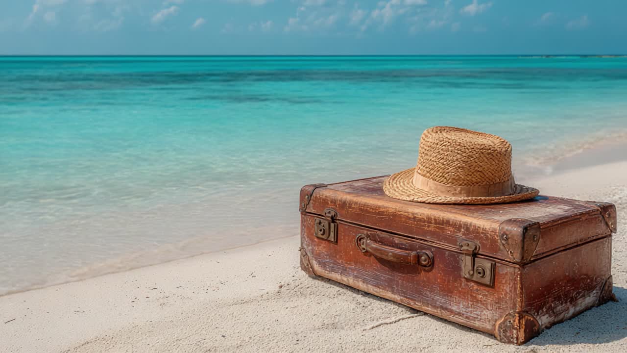 Ein rustikaler Koffer und ein Strohhut erwarten ein Abenteuer an einem wunderschönen Strand, umgeben von kristallklarem Wasser und einem ruhigen Himmel