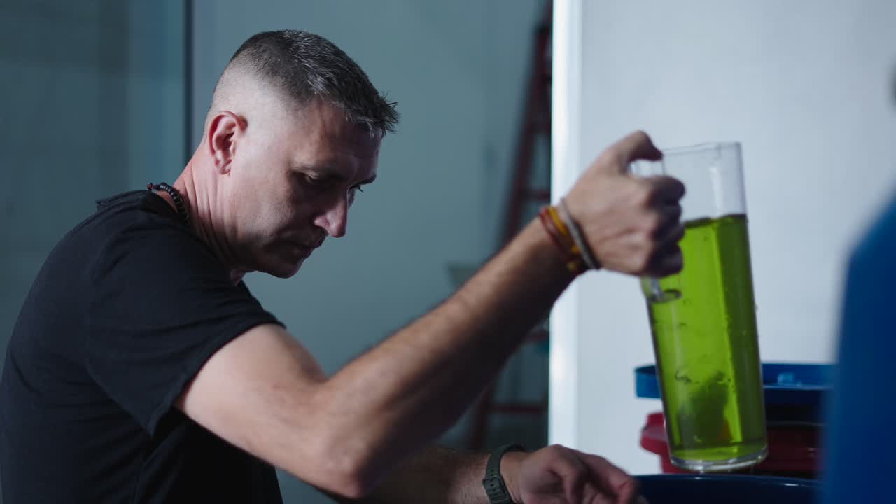 Researcher working with a green liquid in a laboratory