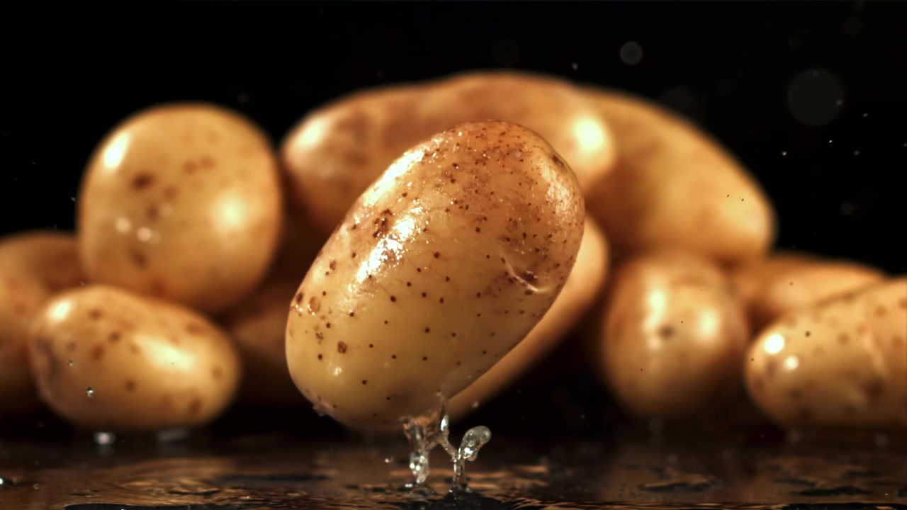 Patata fresca che cade al rallentatore con schizzi d'acqua