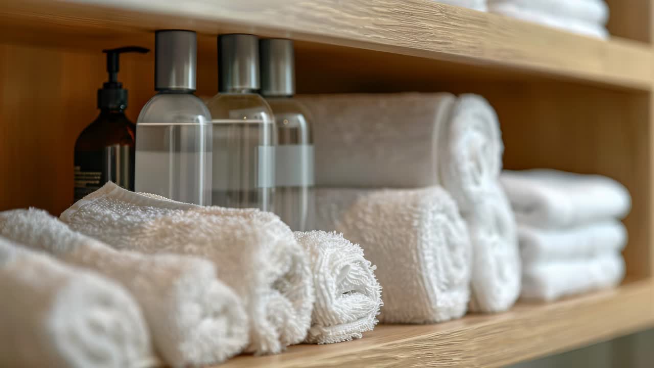 Organiserede badeværelseshylder med håndklæder og flasker