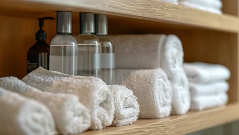organized bathroom shelves with towels and bottles