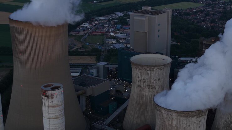 Aerial view of Power Plant Niederausem in Germany at dusk, showing a massive fossil fuel station with smoking cooling towers and industrial energy infrastructure.