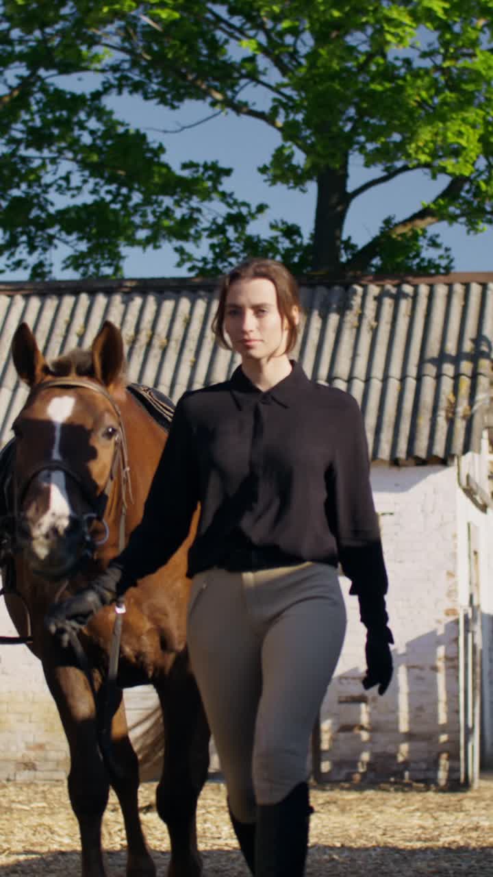 Woman Leading Horse at Stable