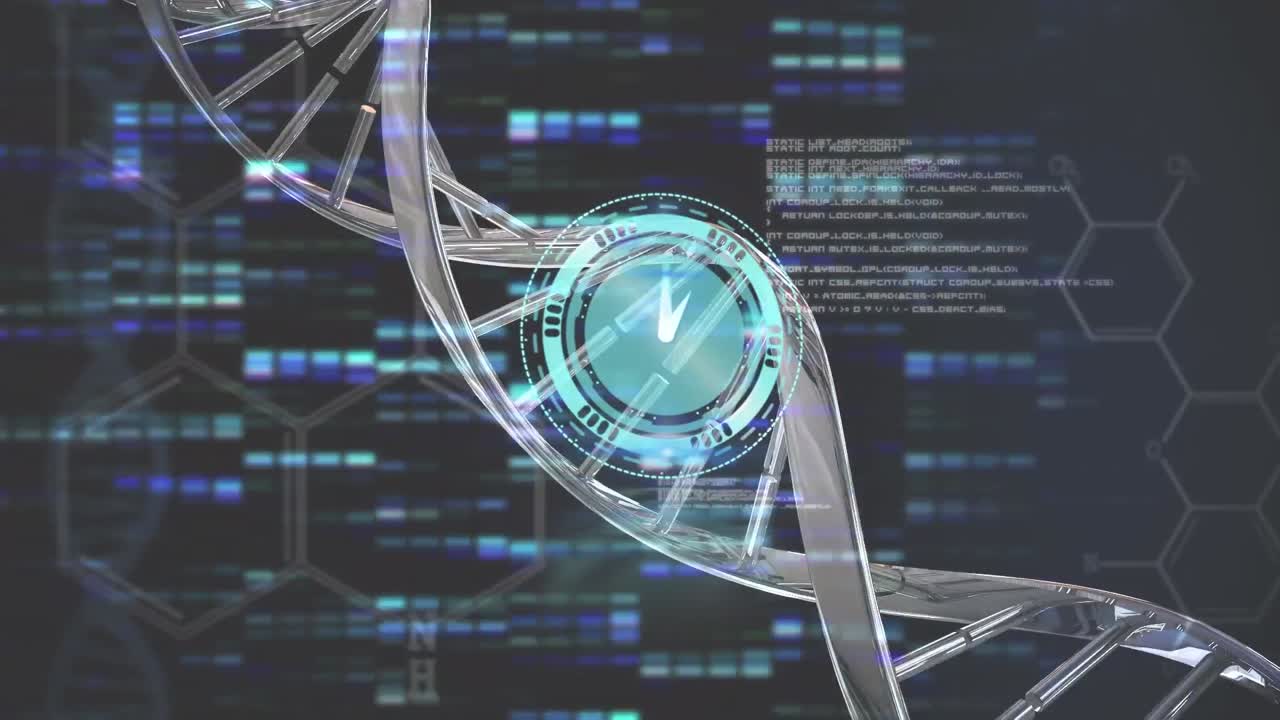 animazione dell'orologio, del filo di dna e dell'elaborazione dei dati
