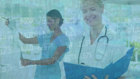 animation of trading board over multiracial doctors holding clipboard and checking x-ray report