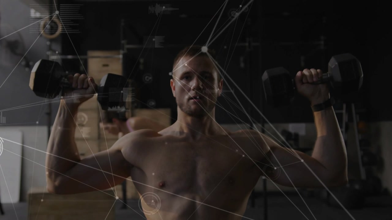 Male athlete starting shoulder hold, pressing dumbbells overhead for fitness, HUD tracking motion