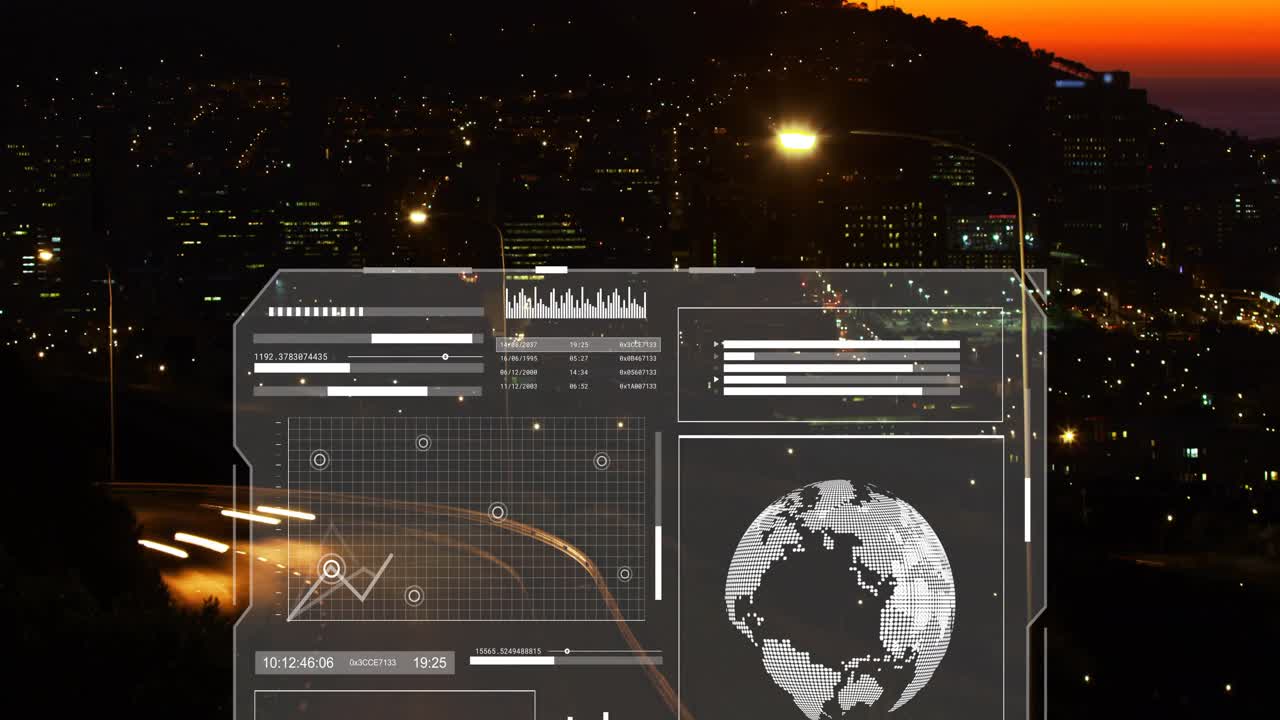 HUD scorrevole verso l'alto per aggiornamento dati, grafici a ciclo continuo e indicatori che mostrano metriche di traffico in tempo reale