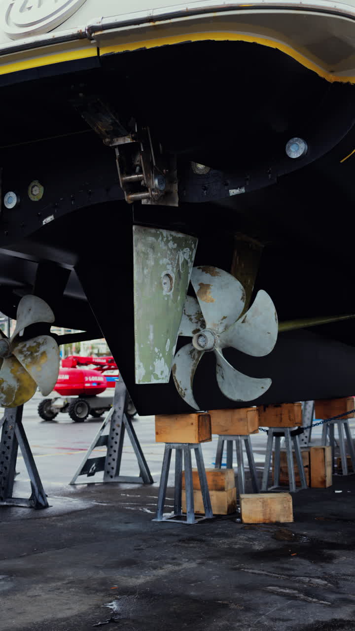 Nice, France - March 17, 2025: The underside of a ship with propellers and the supporting structures. Vertical