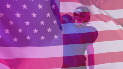 animation of african american american football player and flag of usa