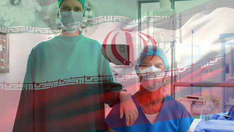 animation of flag of iran waving over surgeons in face masks