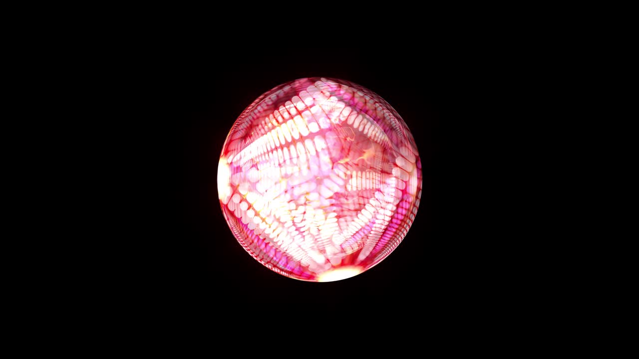 Esfera abstrata 3D 4K rosa e vermelha com efeito de bola de discoteca futurista, isolada com canal alfa usando codificação QuickTime ProRes 444, em loop contínuo para evento, concerto, título, apresentação, VJ loop.