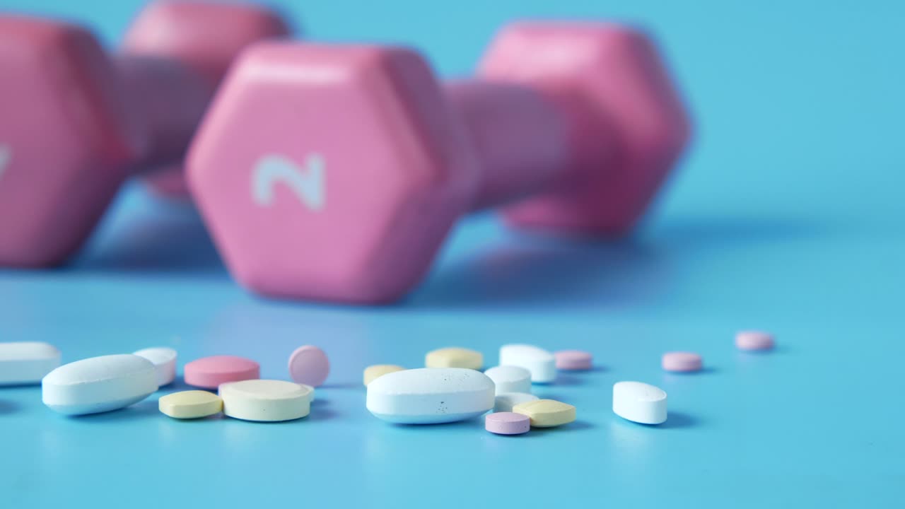 pesas rosas y pastillas variadas