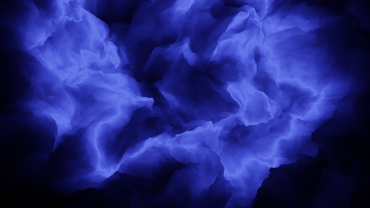 Nuvole Astratte di Fumo Blu o Inchiostro Vorticano e Si Gonfiano Attorno a un Vuoto Centrale Scuro, Creando uno Sfondo Atmosferico Drammatico per Transizioni, Titoli e Sovrapposizioni