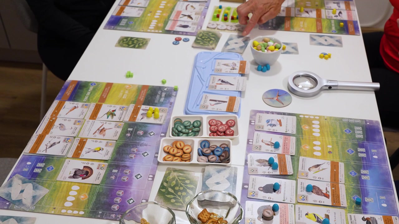 Friends and family playing Wingspan board game around table at home, tabletop gaming, leisure, strategy and quality time together.