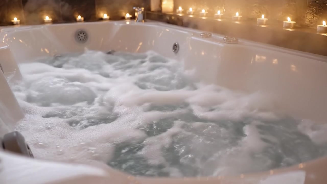 Esperienza rilassante in vasca idromassaggio con bolle che salgono e atmosfera a lume di candela per una sensazione di spa lenitiva e il massimo comfort dopo una lunga giornata.