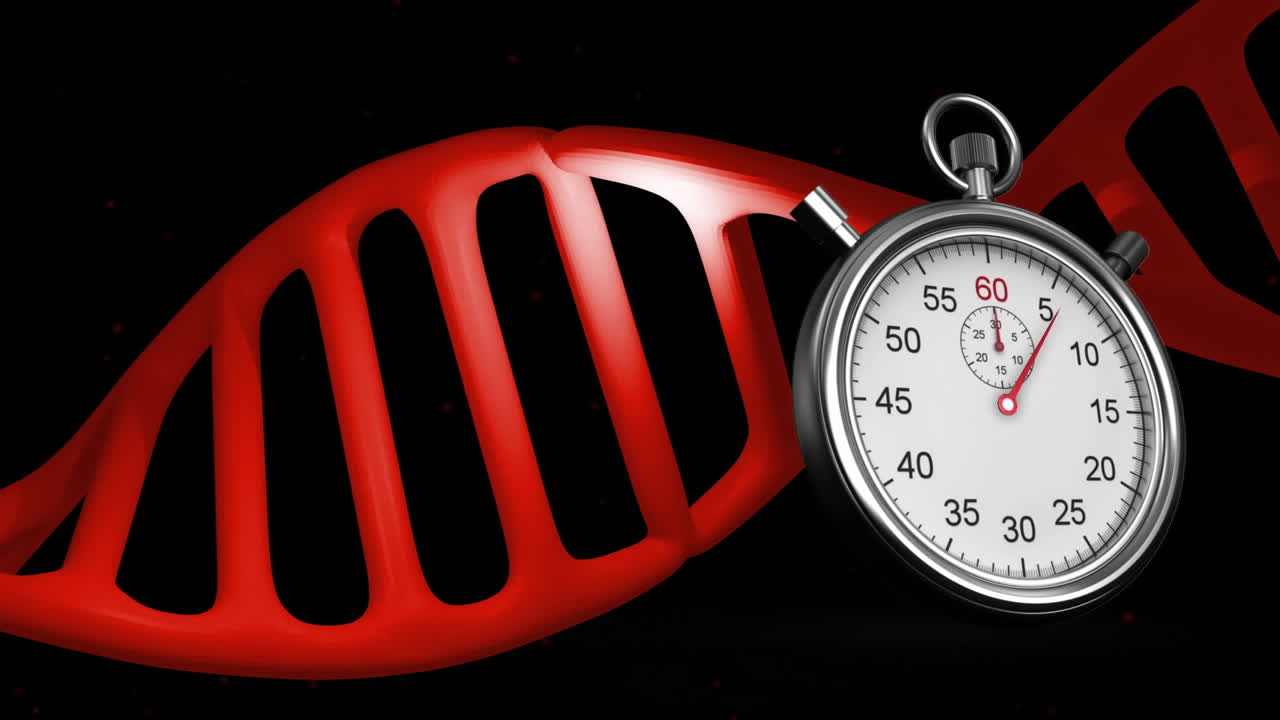 검은색 배경에 dna 가닥 위로 이동하는 타이머의 애니메이션