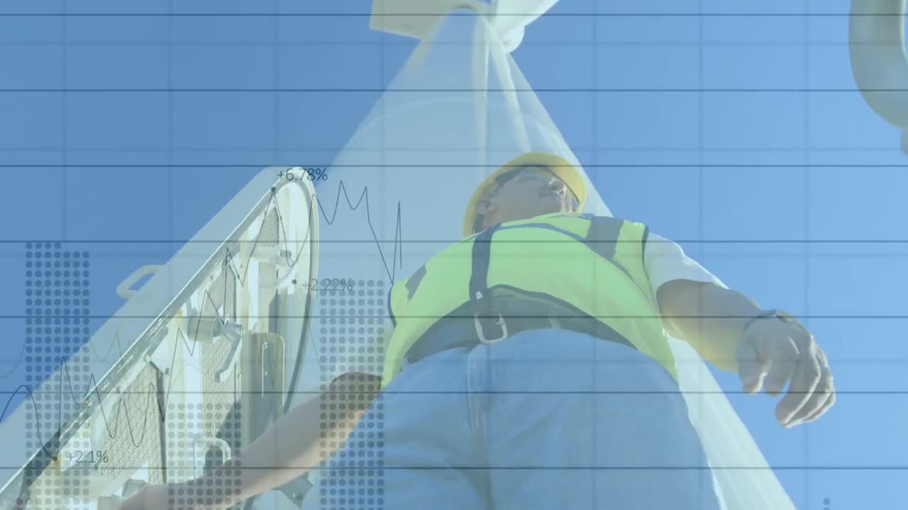 엔지니어와 풍력 터빈에 대한 금융 데이터 처리 애니메이션