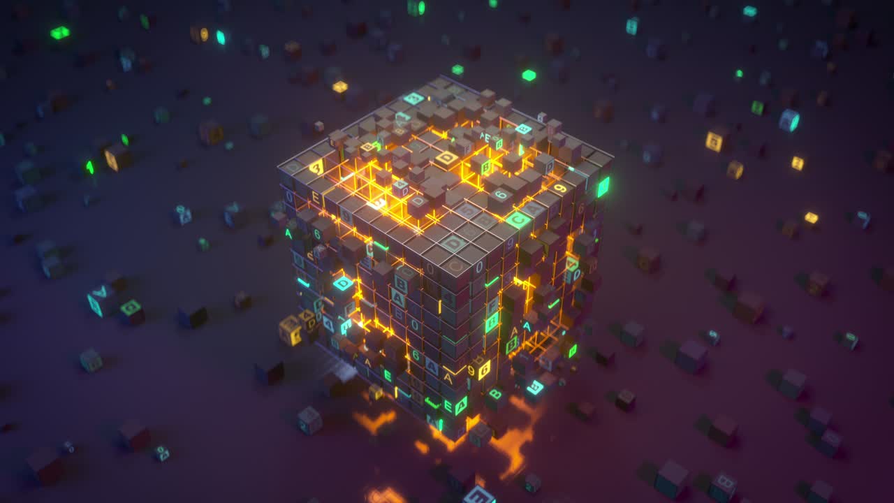 cubo con datos de código hexadecimal bucle sin costuras animación de renderización 3d