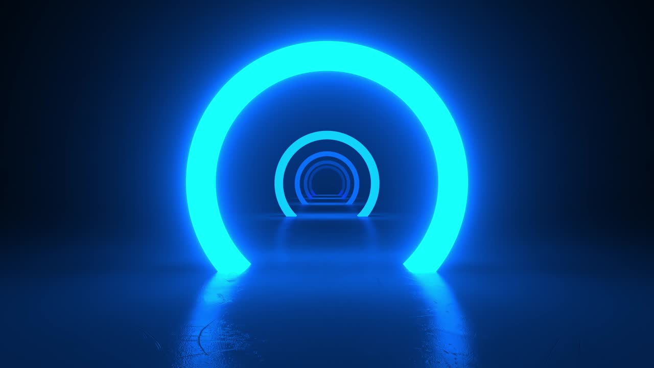 블랙 홀 에서 네온 파란 빛의 원. 추상적인 sf 기하학적 배경. 복도. 미래의 개념. 반사와 함께 콘크리트 바닥 에서 반이는. 앞으로 이동. 4k의 3d 애니메이션 루프.