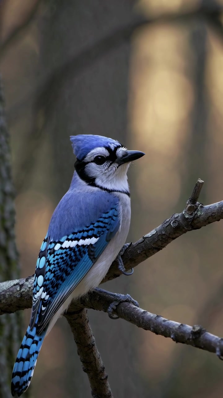 Ghiandaia azzurra appollaiata su un ramo in un ambiente forestale naturale
