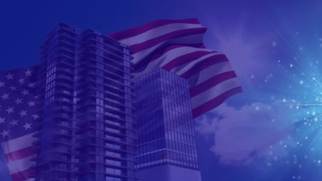 animation of cityscape and flag of usa over light spots