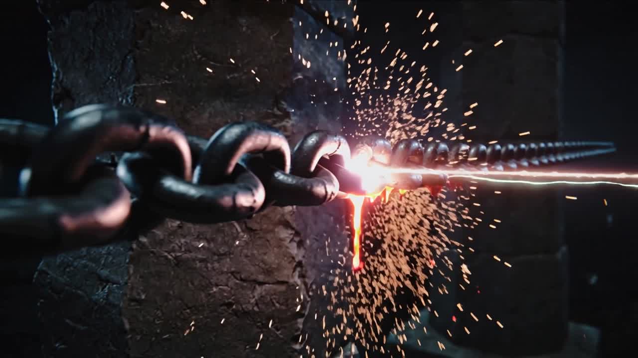 Un arco di taglio che si muove a sinistra, colpendo una maglia di catena d'acciaio per tagliare il metallo in una fucina, producendo goccioline fuse.