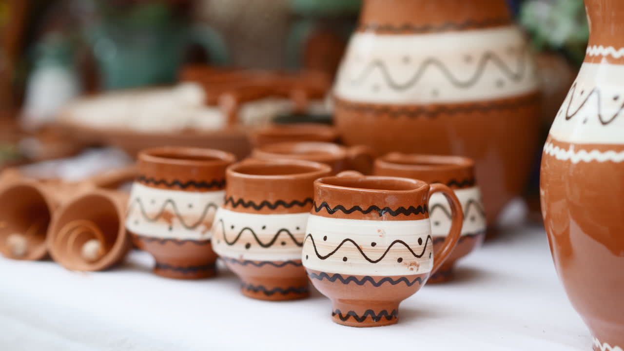 Pottery display at local market showcasing handmade clay cups and pitchers for traditional drinks. Moldavian and Romanian traditional ornaments