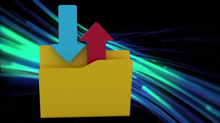Animation of in and out folder and digital data processing over light trails on dark background