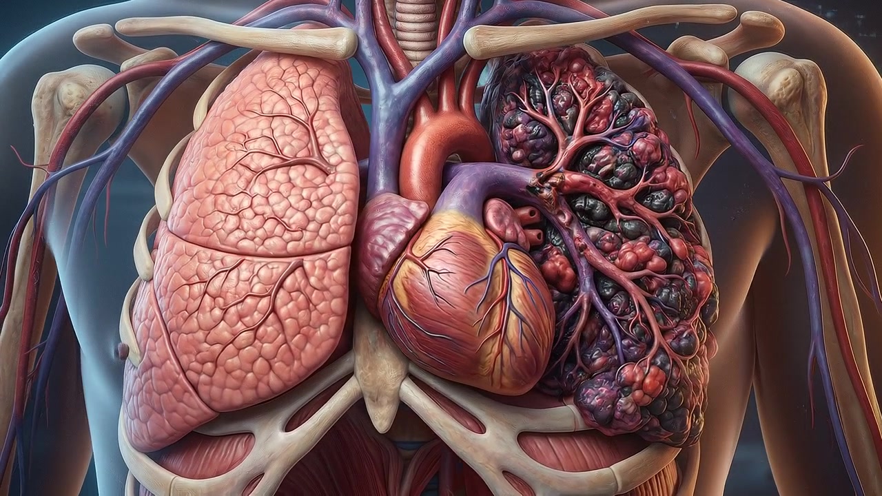 Rendering dell'anatomia del torace umano che mostra in dettaglio polmoni e posizione del cuore