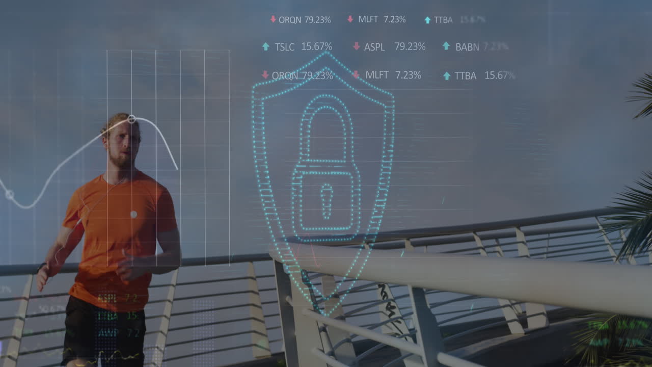 animación de candado y procesamiento de datos sobre el hombre caucásico corriendo en la ciudad