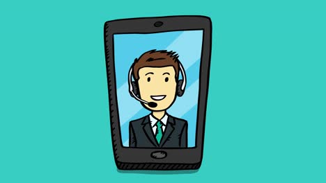 estilo de dibujos animados, animación colorida del hombre de soporte de servicio al cliente, que aparece en la pantalla del móvil.