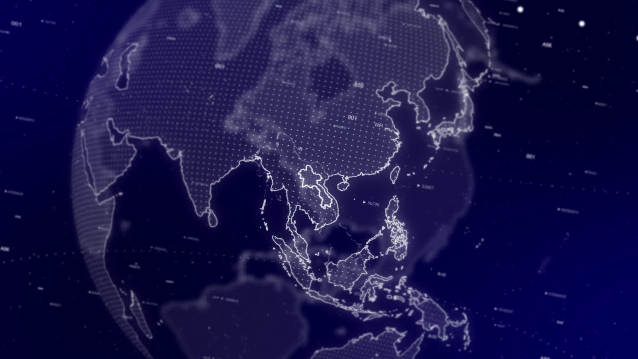 영화적 비디오 배경은 라오스 국가를 확대하여 회전하는 디지털 지구를 보여줍니다.
