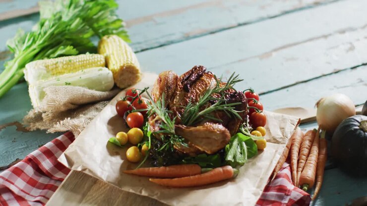 Vista ravvicinata di pollo cotto e diversi ingredienti alimentari su superficie di legno.