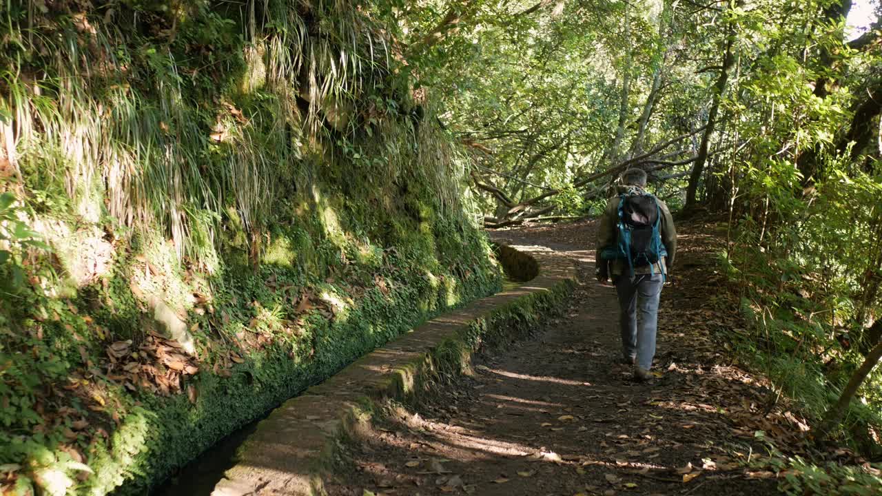 Following man walking along levada, irrigation channel in Madeira