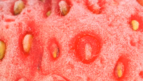 extreme closeup of fresh frozen strawberries, rotation 360 degrees, close-up