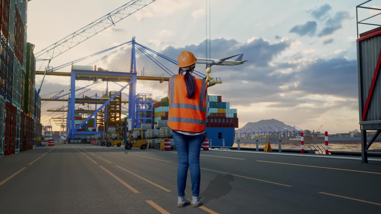 Vista posteriore a figura intera di un'ingegnere donna asiatica con casco di sicurezza che parla allo smartphone mentre si trova al porto con nave portacontainer e gru al tramonto