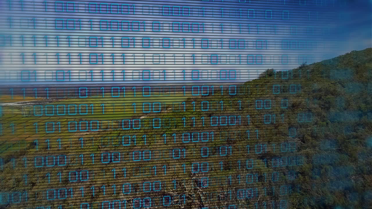 Binary code animation overlaying scenic landscape with hills and fields